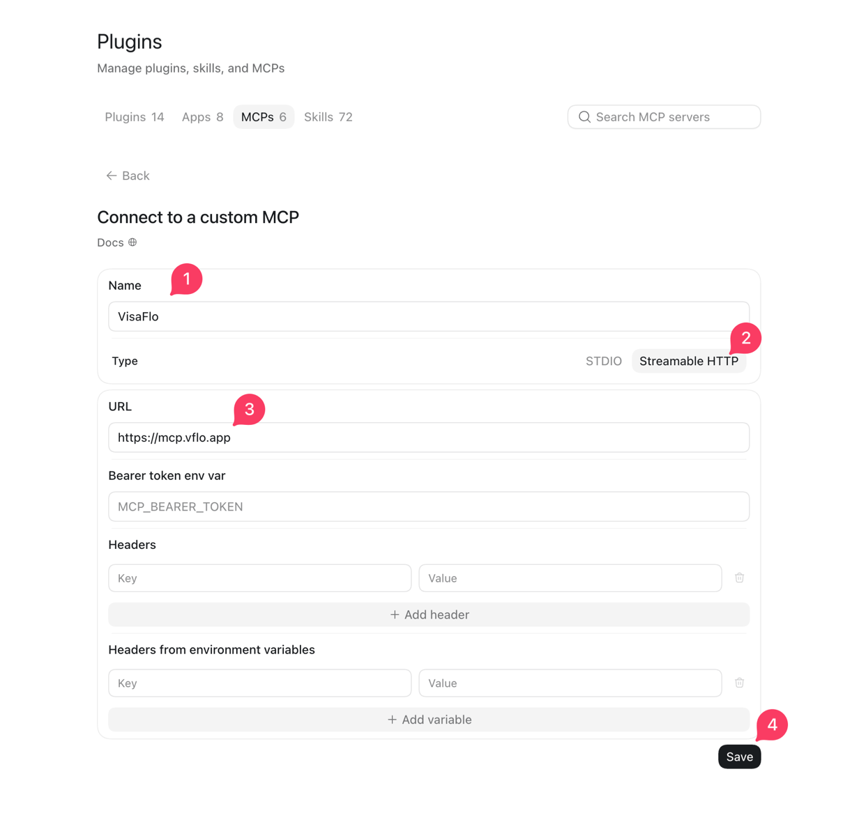 The Connect to a custom MCP form with the name, Streamable HTTP type, URL, and Save button marked one through four.