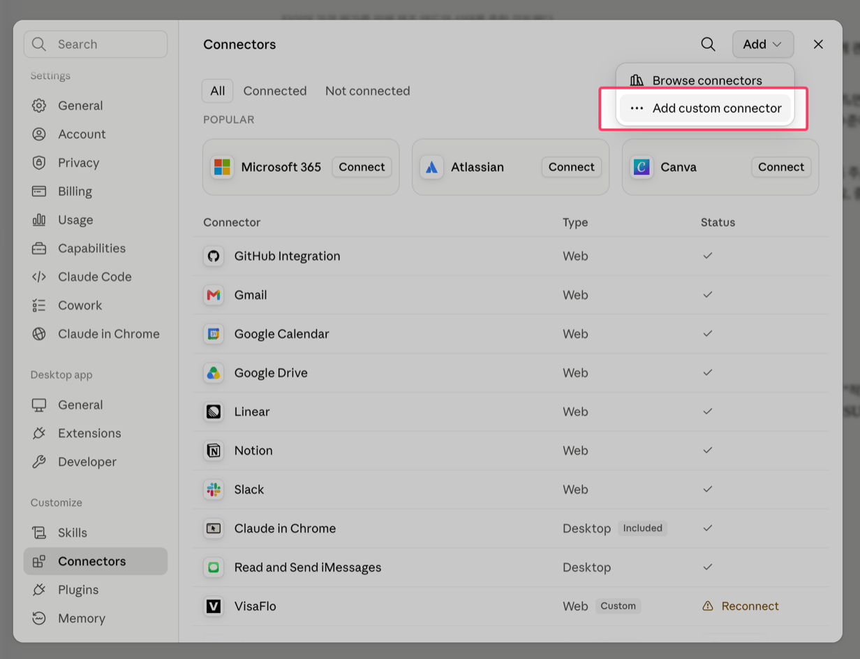 The Add menu in Claude's Connectors screen expanded, with Add custom connector highlighted.