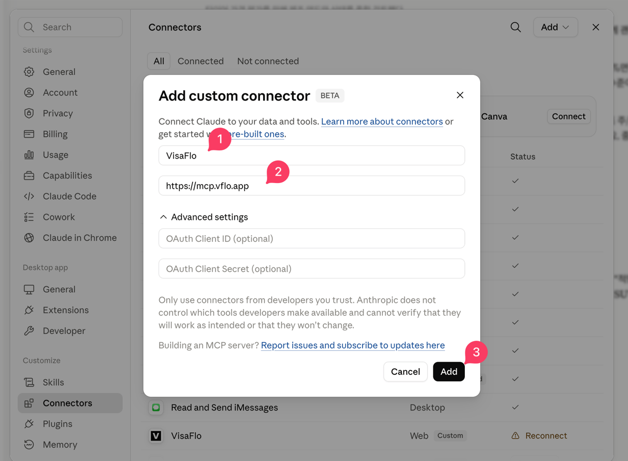 The Add custom connector dialog with the name VisaFlo, the URL https://mcp.vflo.app, and the Add button marked one, two, three.