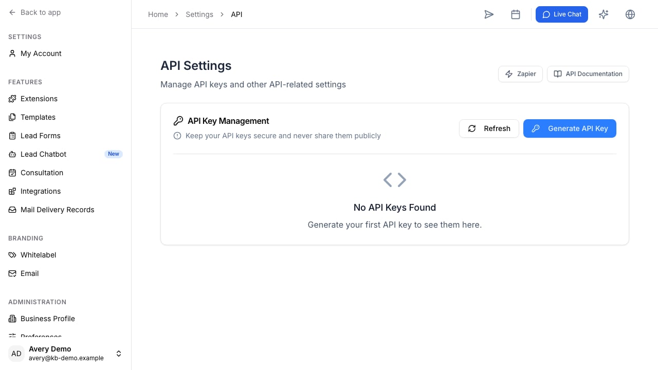 API Settings with the empty API key management state and Generate API Key action.