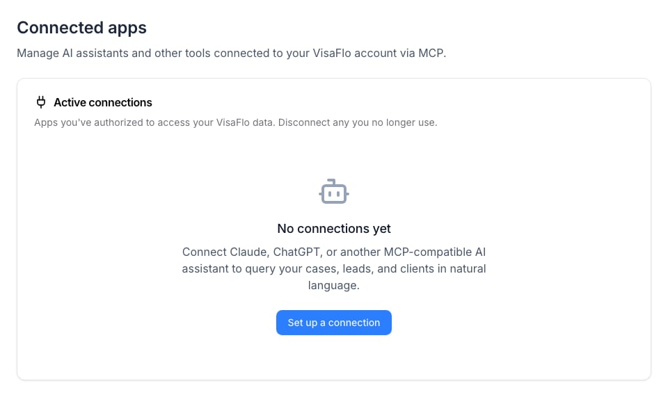 The Connected apps empty state with the MCP setup action.