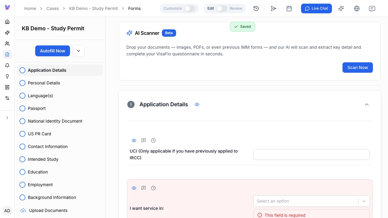 The case Forms workspace with the Autofill action available after the questionnaire has been reviewed.