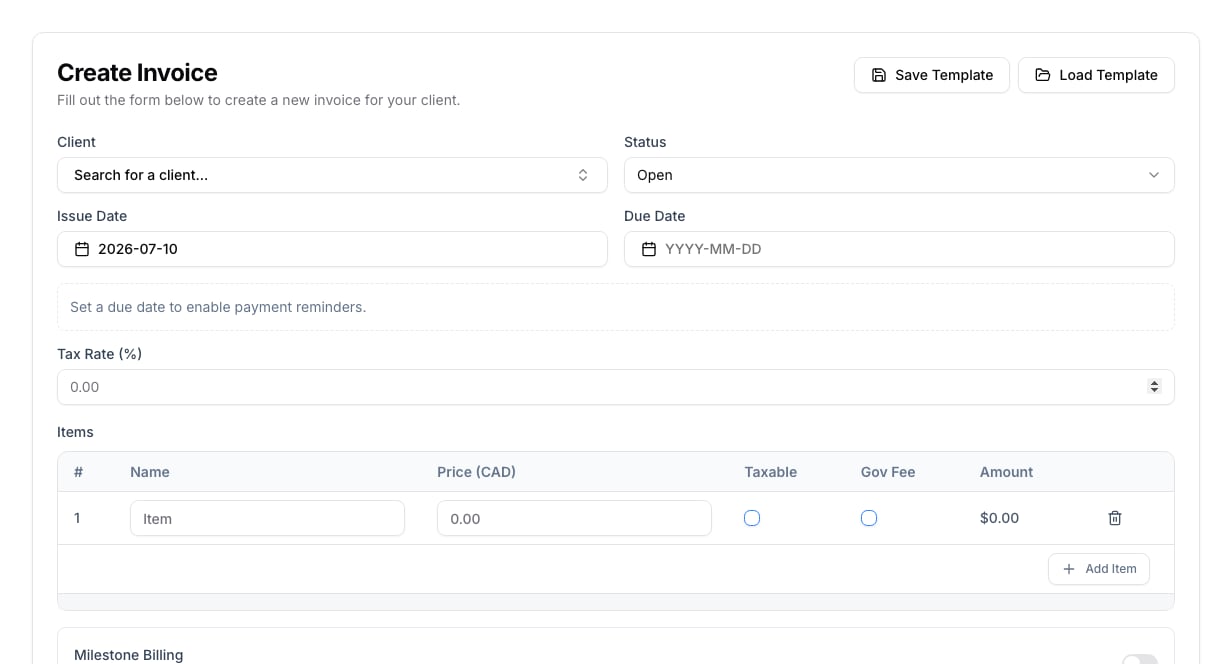 The invoice creation workflow, where staff prepare a client-facing payment request.