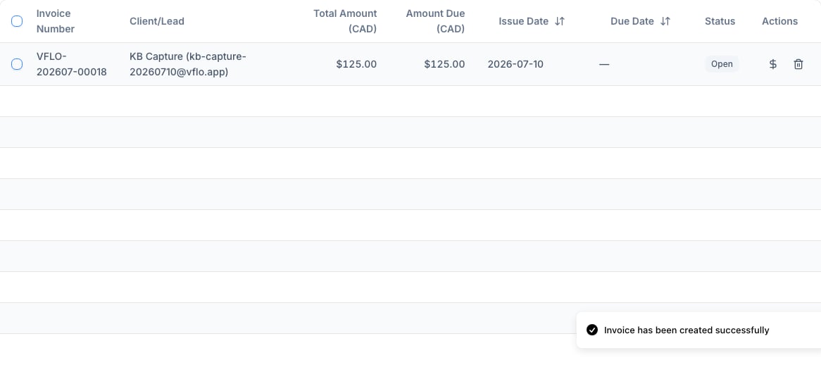 The invoice list, where staff monitor billing activity and payment-request follow-up.