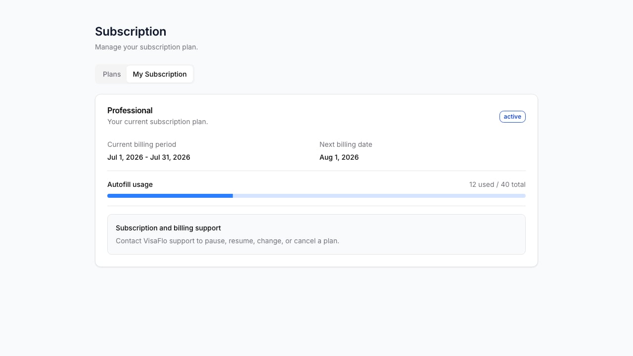 Subscription settings showing plan status, billing period, next billing date, and autofill usage.