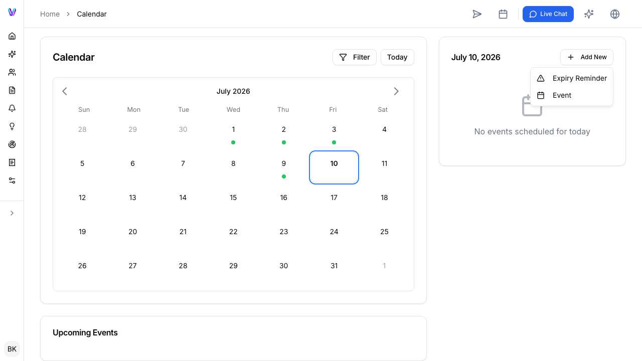 The Calendar Add New menu with Expiry Reminder and Event actions.