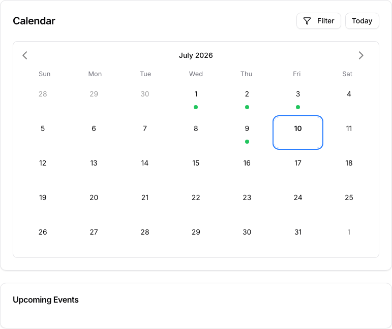 The Calendar month view with month navigation, date indicators, and the selected-day state.