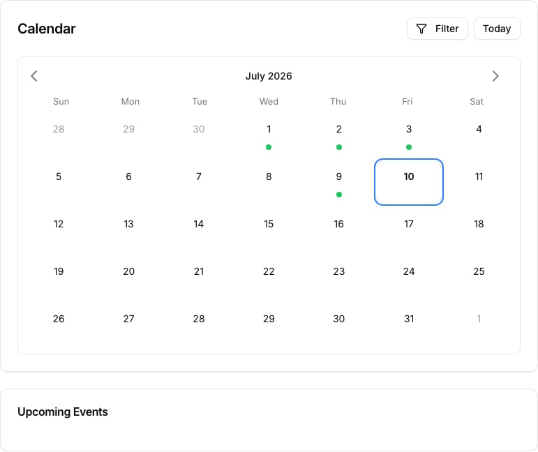 The Calendar month view with month navigation, date indicators, and the selected-day state.
