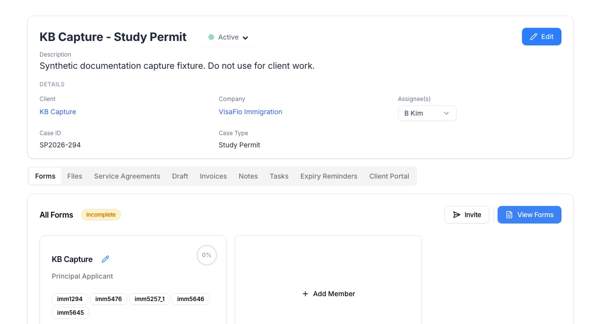 Created case showing the case summary and Forms tab