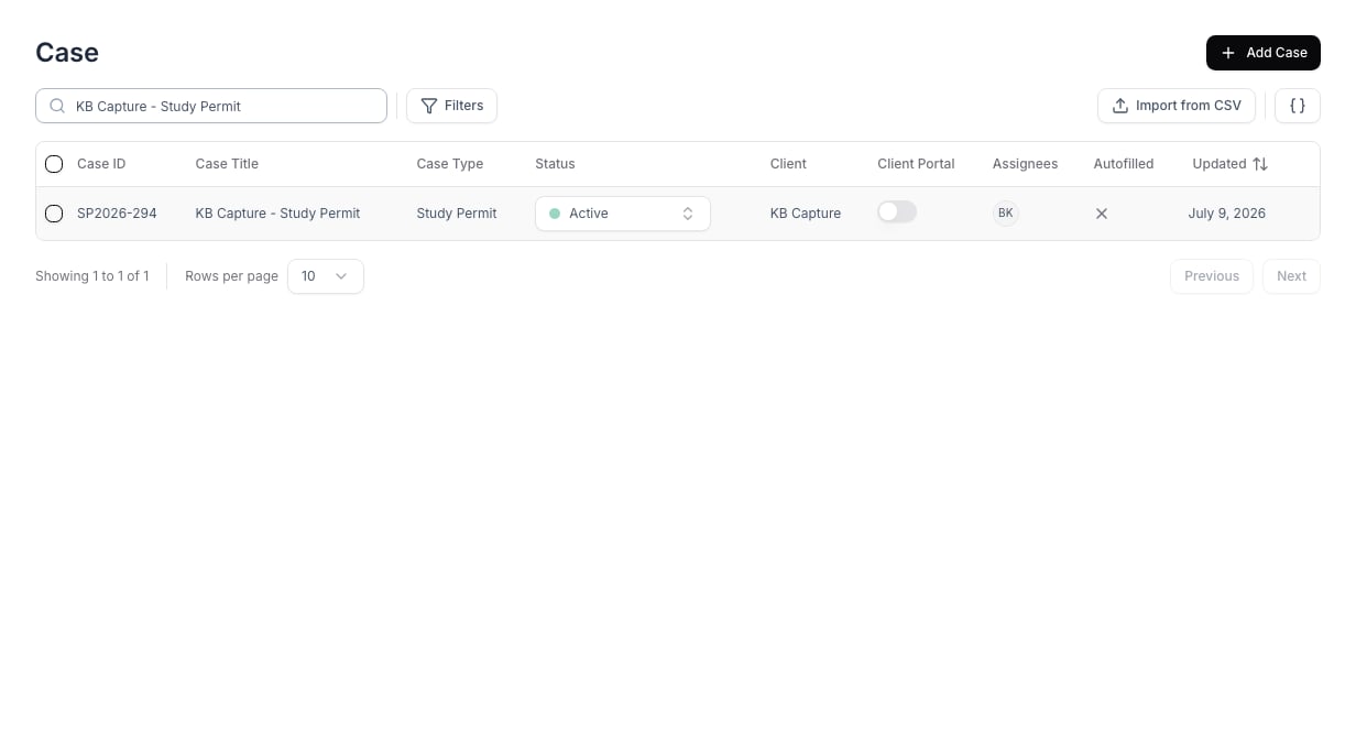 Filtered case list showing a created case