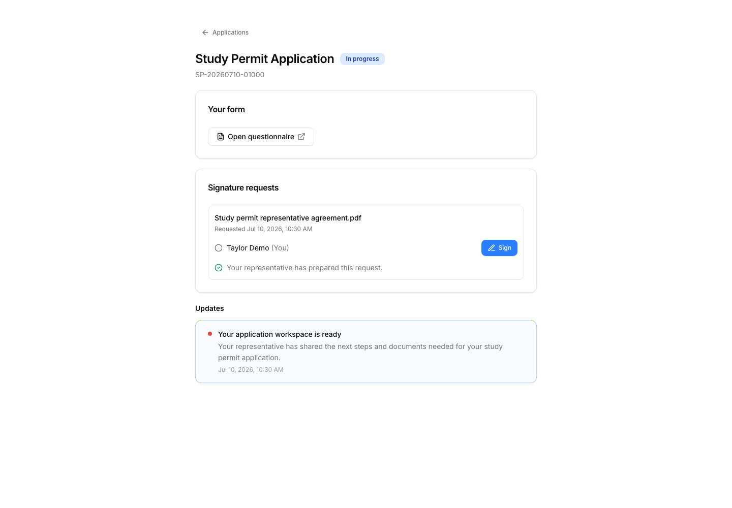 Client portal application detail with a questionnaire, signature request, and visible update.