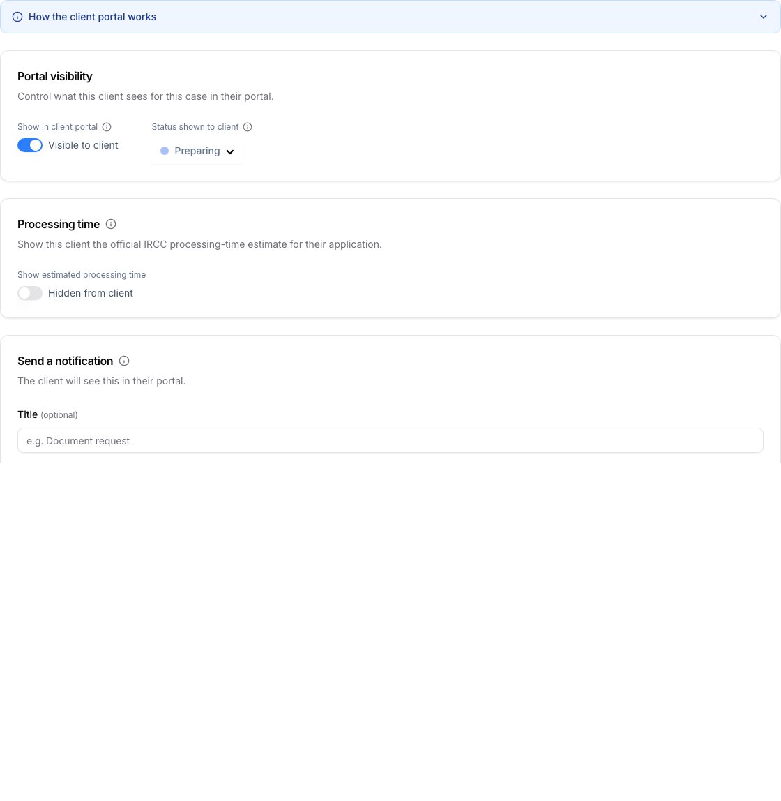 Client Portal case settings with visibility enabled