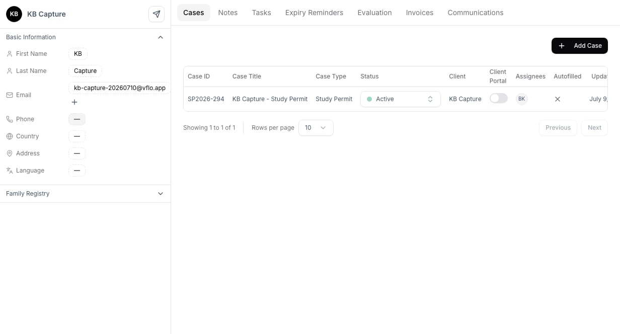Client profile with linked case
