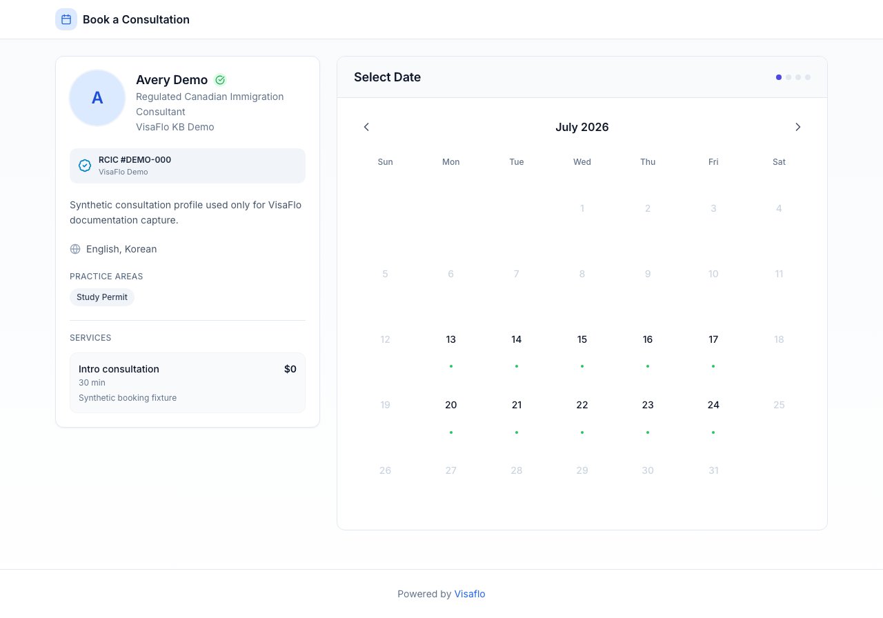 Public booking page showing the consultant profile, service, and available dates.