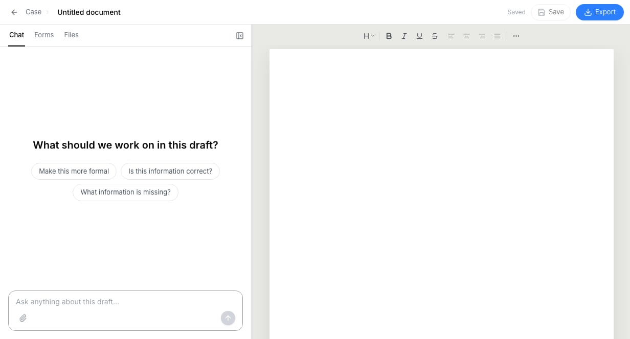 A blank draft open in the editor with the case workspace and chat panel visible.