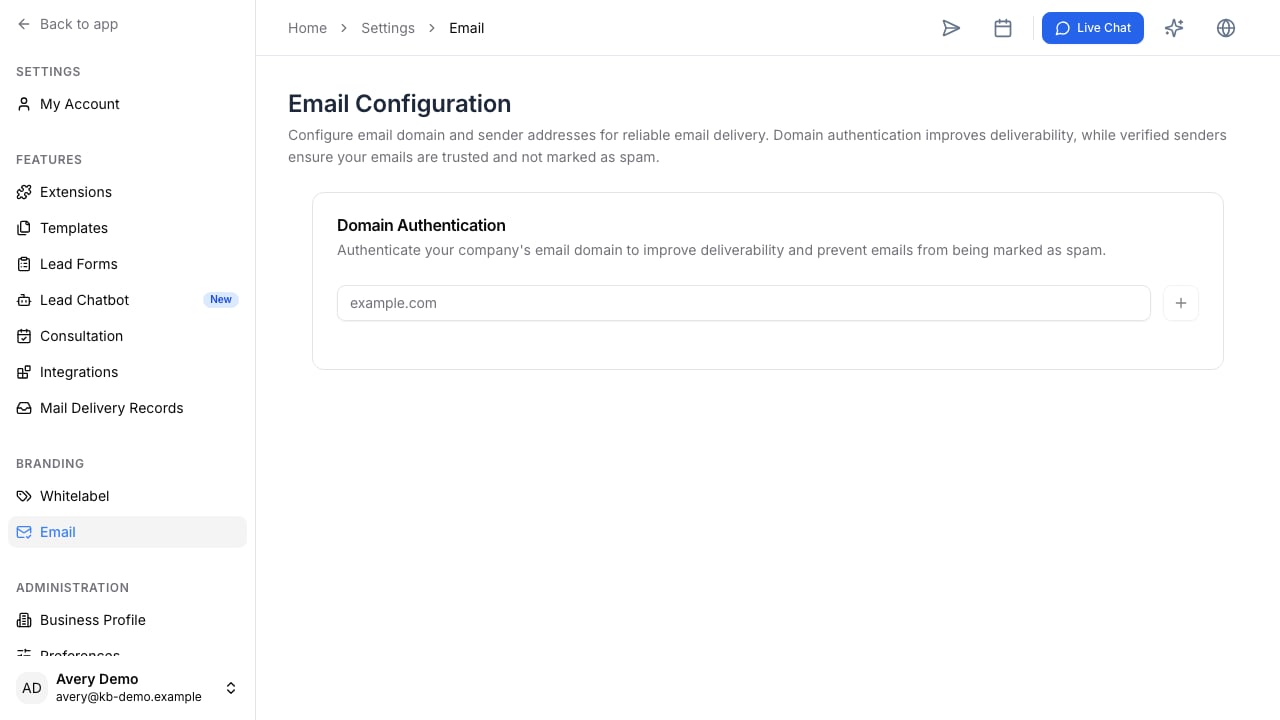 Email Configuration with the domain authentication field before a domain is added.