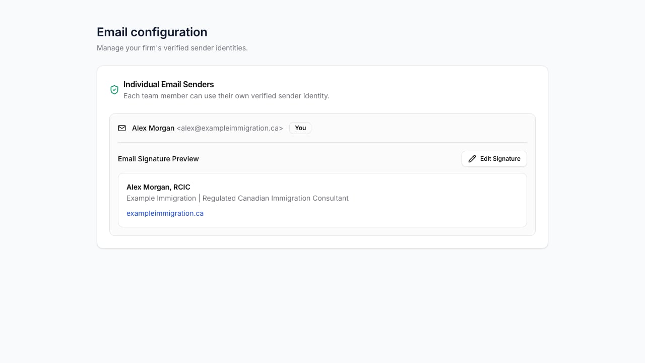 Verified sender with an email signature preview and edit action.
