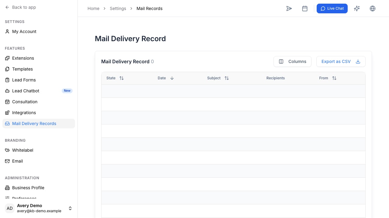 Mail Delivery Record with columns for state, date, subject, recipients, and sender.