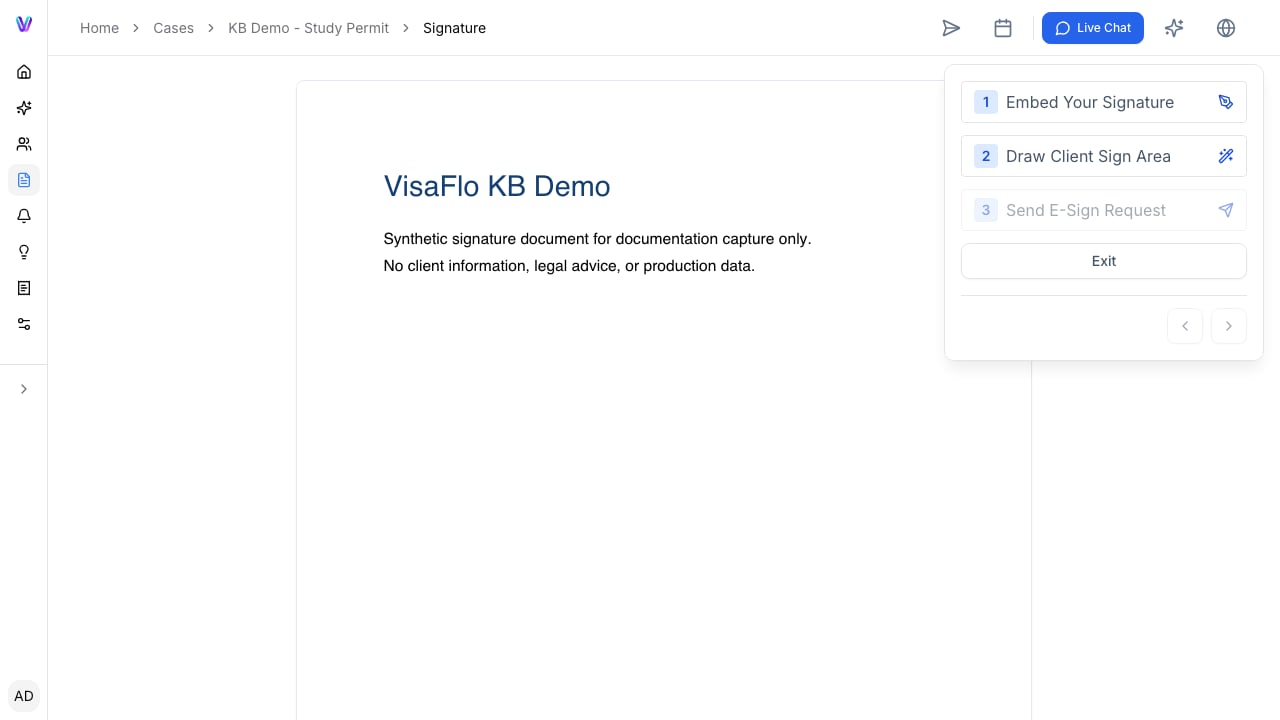 E-signature request editor with signer fields and the controlled send workflow.