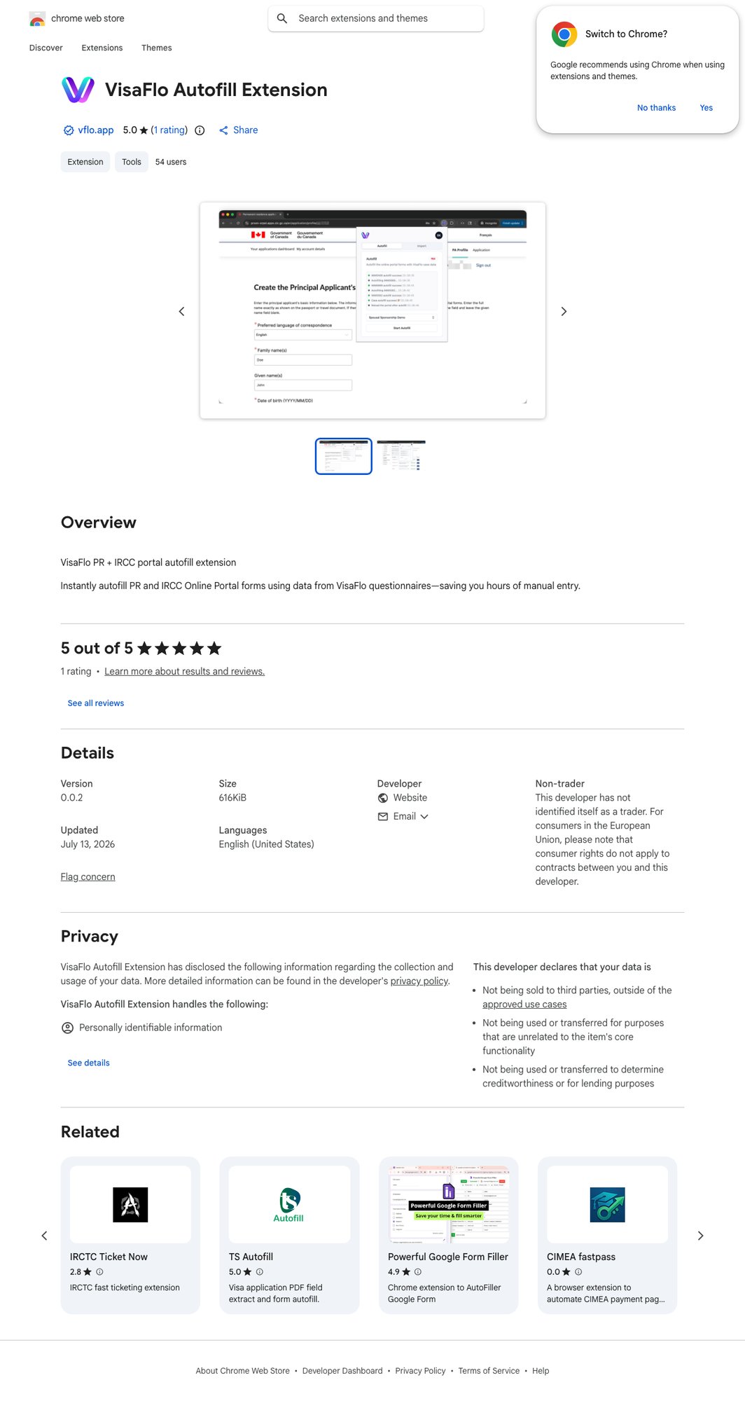 The official VisaFlo Autofill Extension listing in the Chrome Web Store.