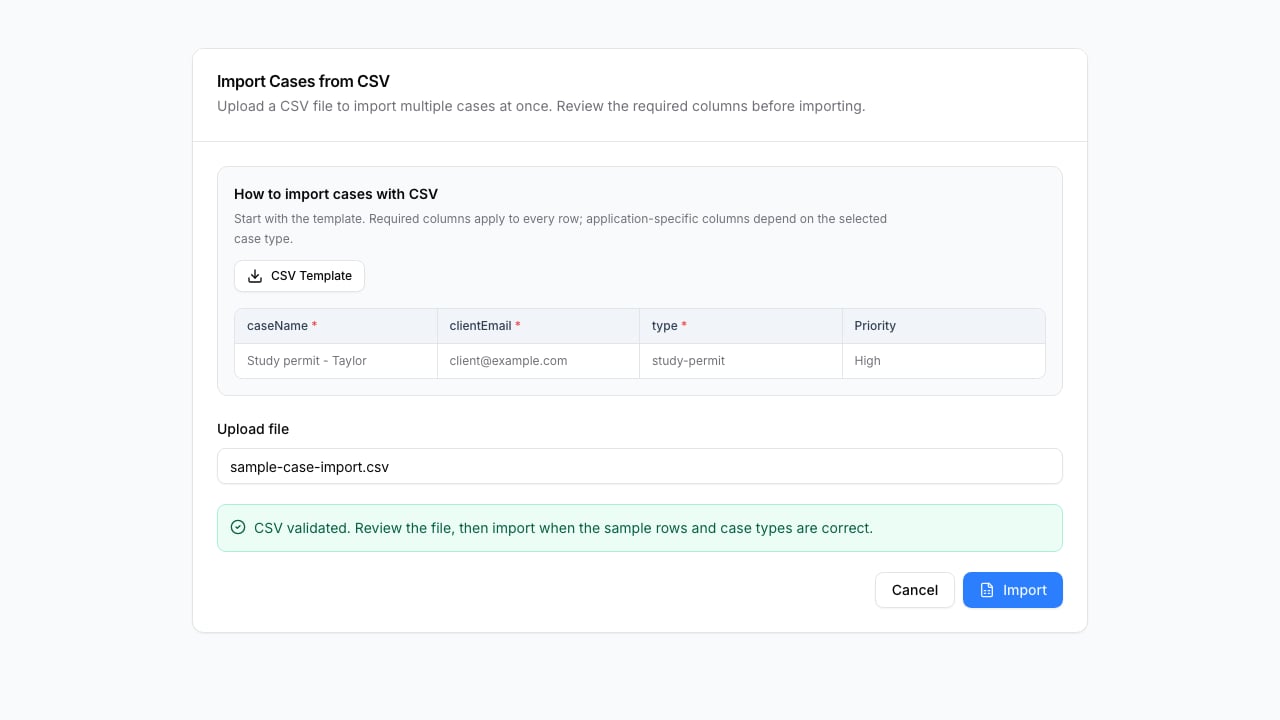 Case CSV import dialog with a template preview, selected sample file, validation result, and import action.