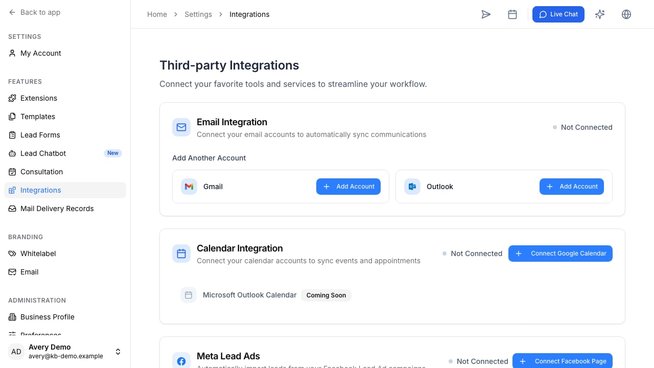 Third-party Integrations with disconnected email, calendar, Meta lead ads, scheduling, payments, and storage providers.