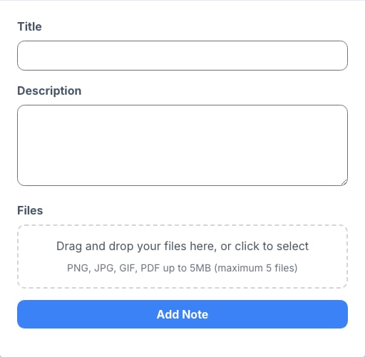 The internal note form with title, description, optional file attachment, and Add Note action.