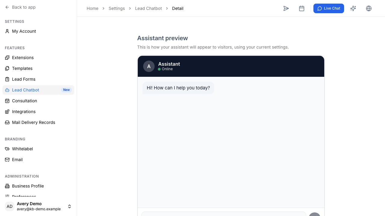 Chatbot Preview showing the inline assistant with its welcome message.