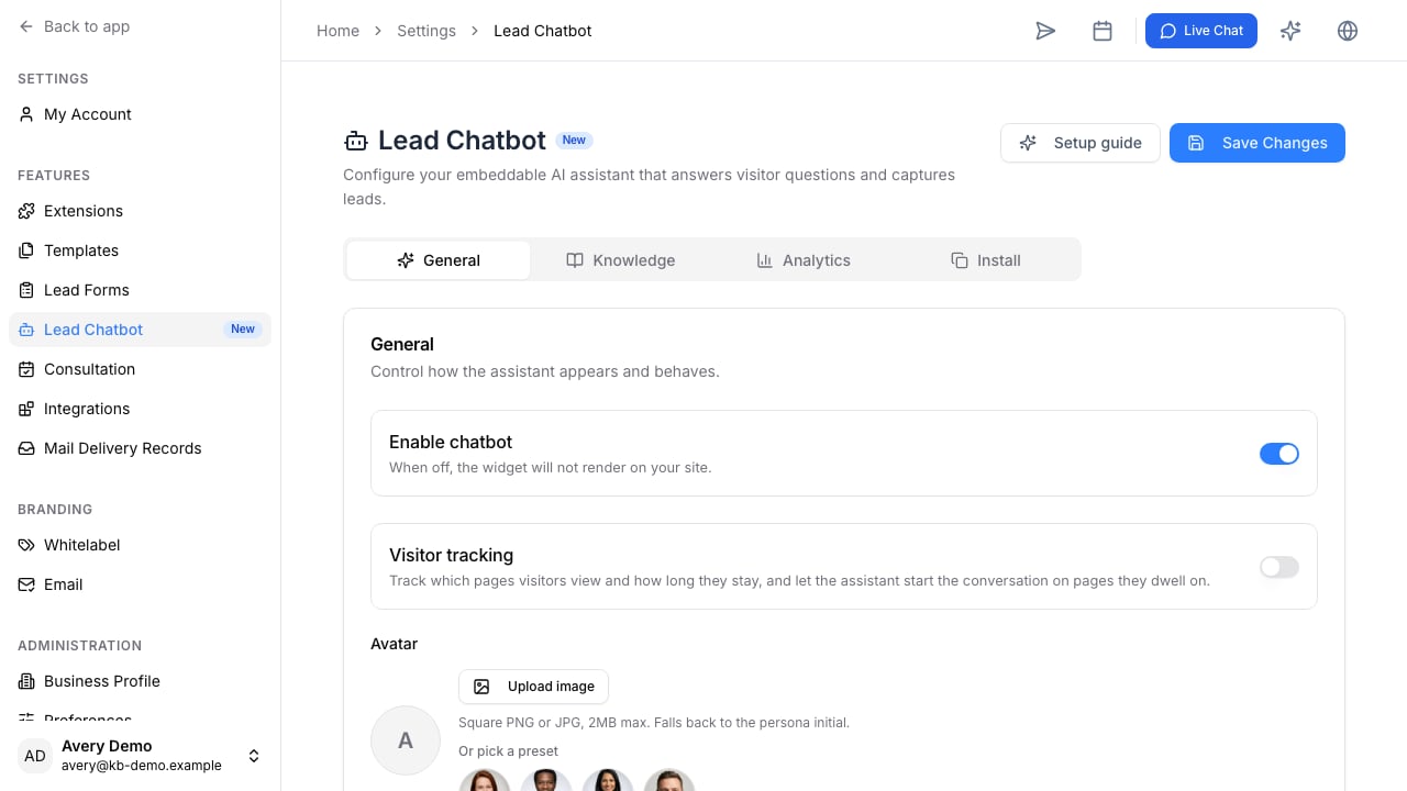 The Lead Chatbot General tab with enable, visitor tracking, avatar, and assistant configuration controls.