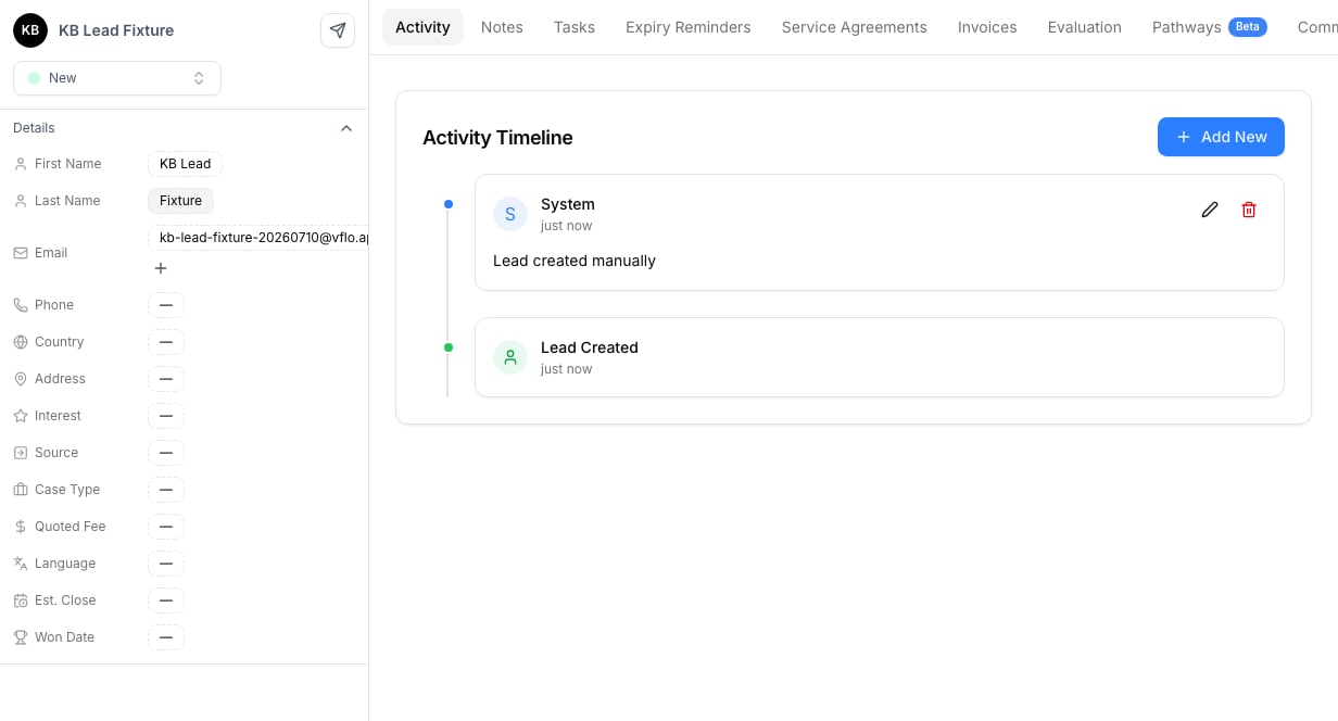 New lead profile with activity timeline