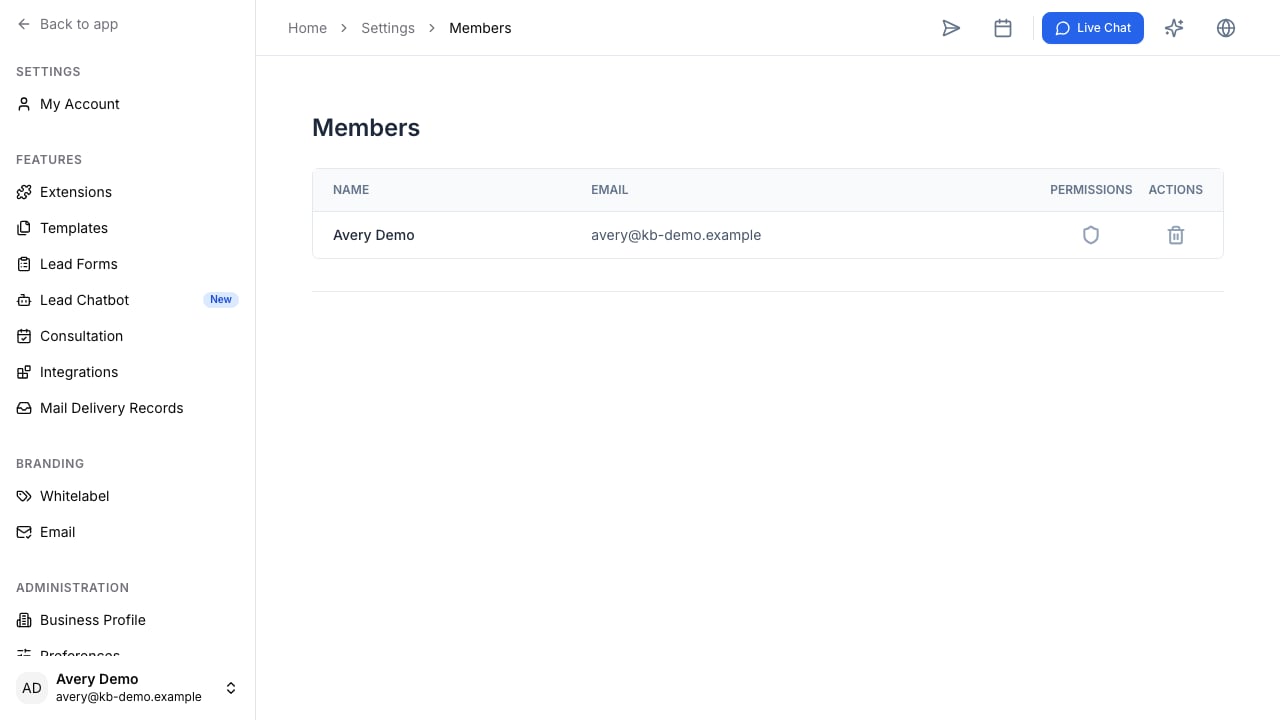 Members settings showing a team member row with permission and removal actions.