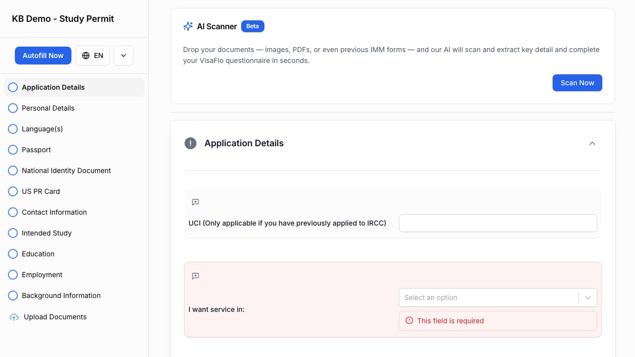 Client-facing questionnaire with required fields and section navigation.
