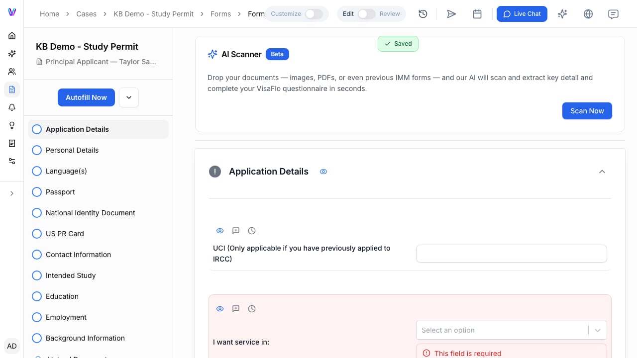 The staff questionnaire workspace, used to review answers and request a focused correction.