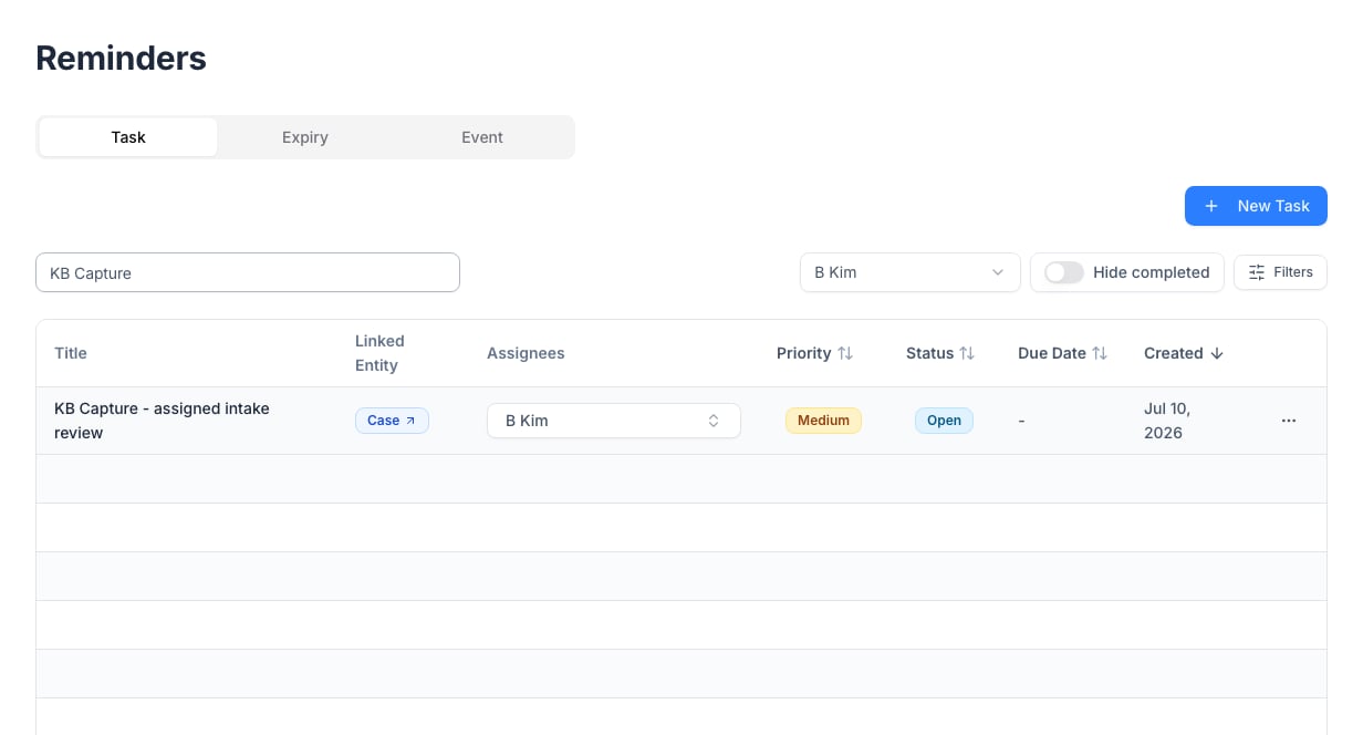 The Reminders page with Task, Expiry, and Event tabs and a filtered assigned task.
