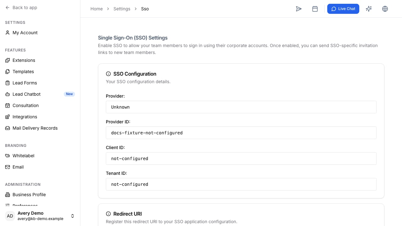 The SSO settings page showing the configured provider details and redirect URI section. The documentation capture uses non-secret placeholder identifiers.