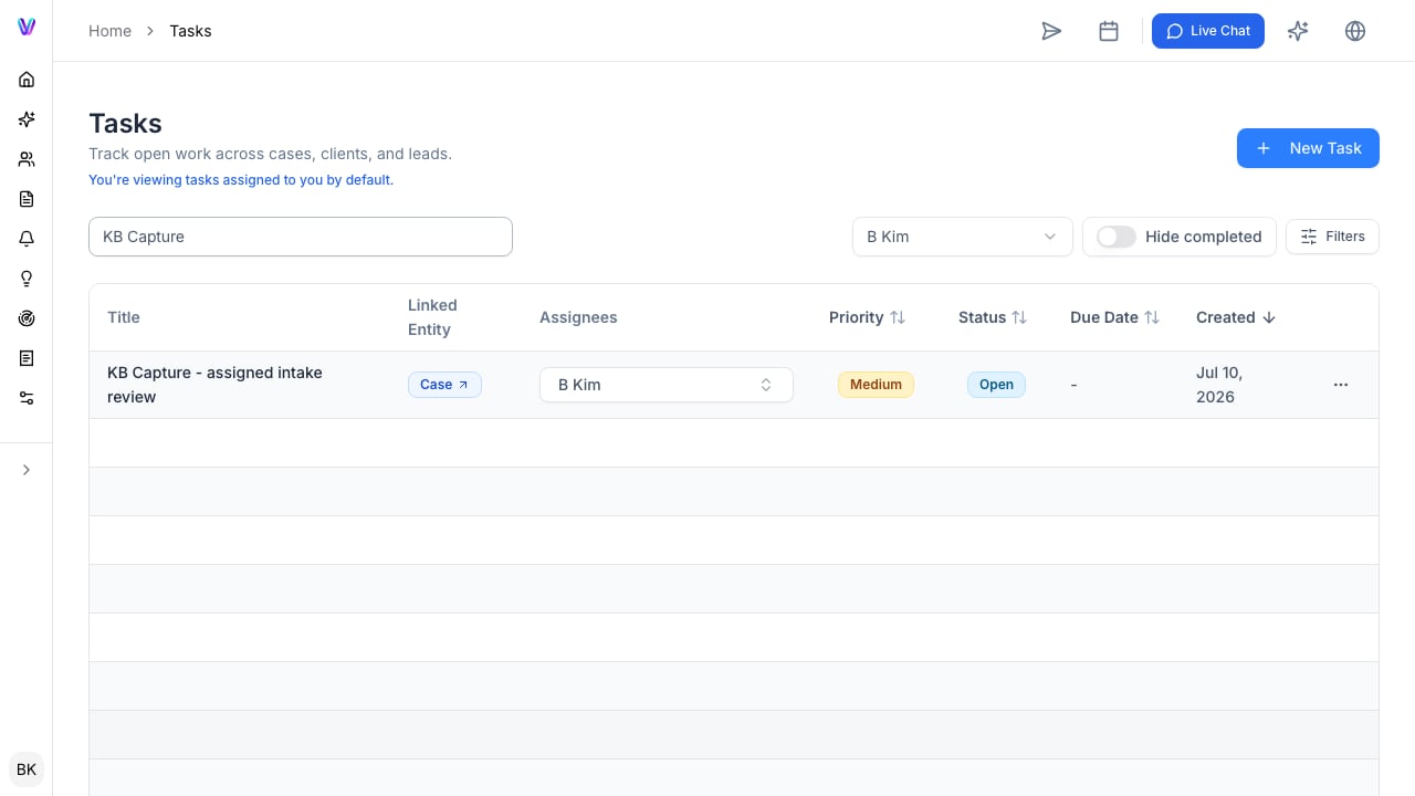 The Tasks list filtered to an assigned task, showing its linked case, assignee, priority, and status.
