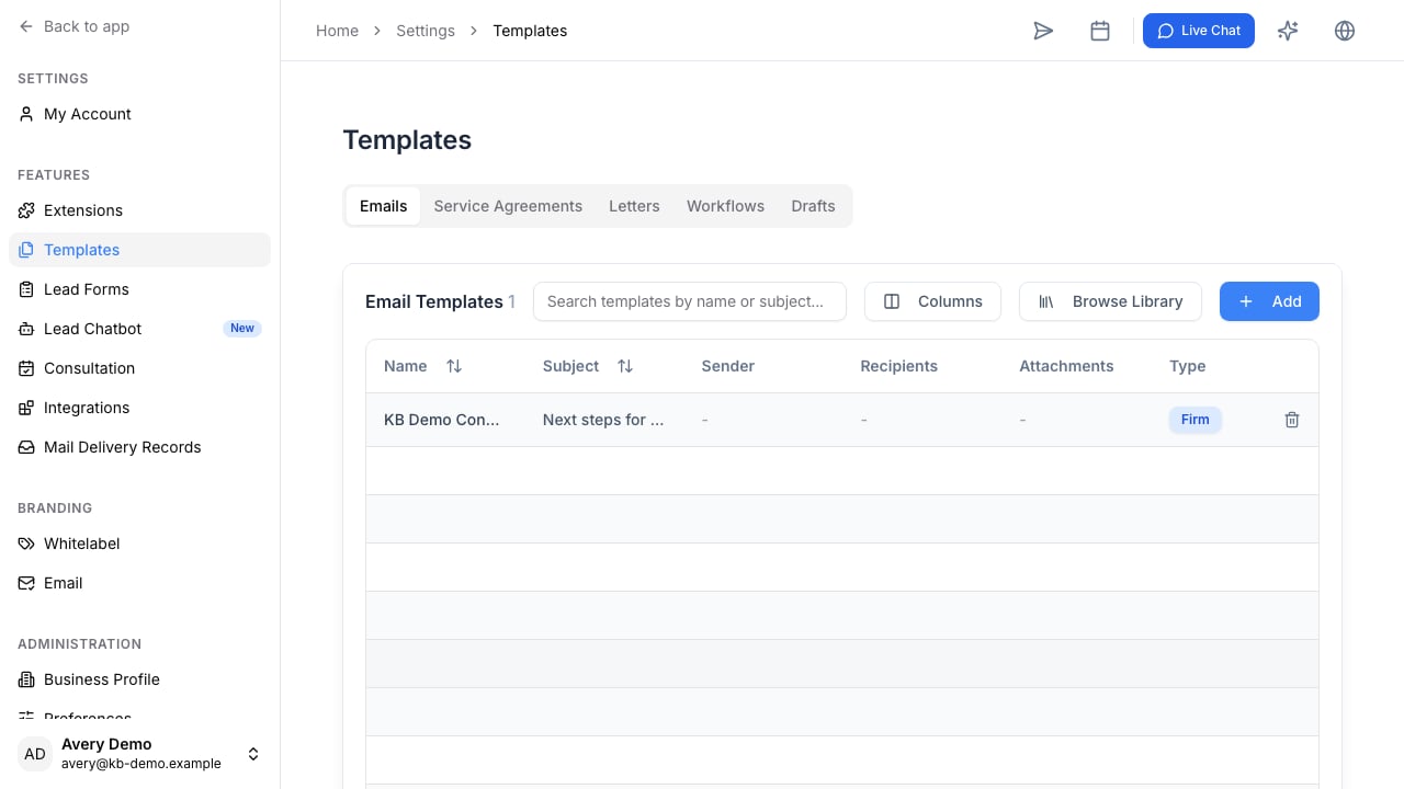 The template settings workspace used to manage reusable agreement source documents.