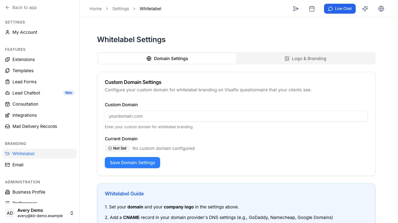 Whitelabel Settings with the custom-domain field and DNS setup guidance before a domain is configured.