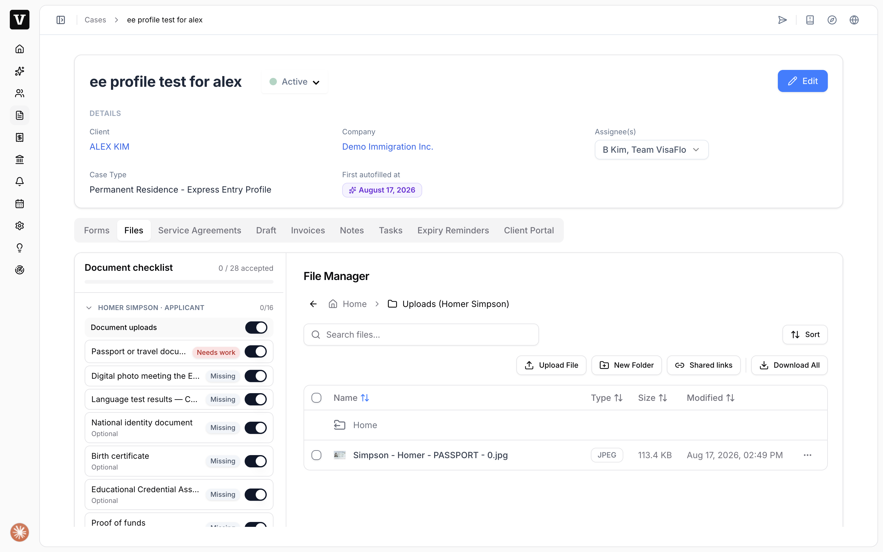 Reviewed document row with the File Manager opened on the matching upload folder