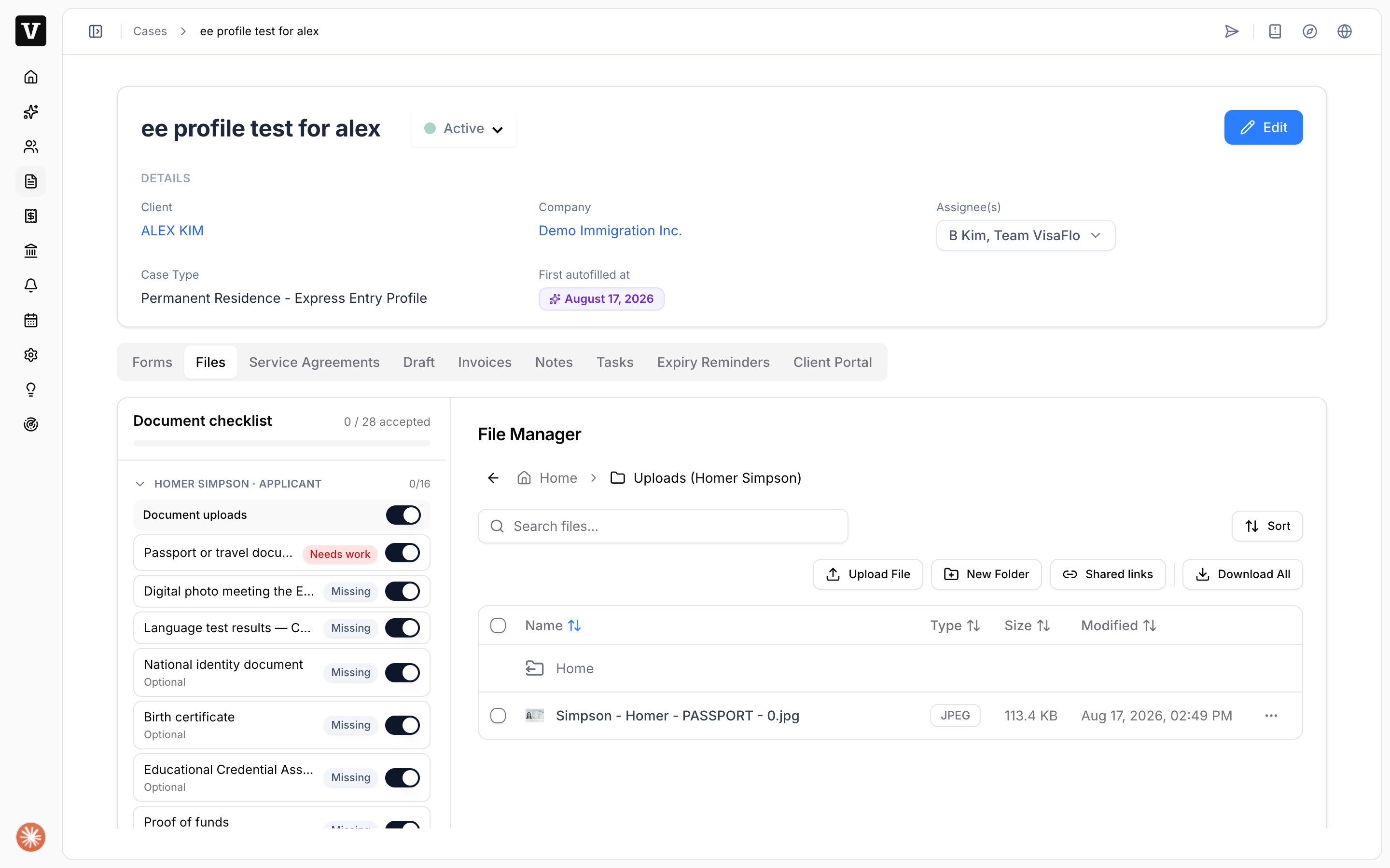 Reviewed document row with the File Manager opened on the matching upload folder