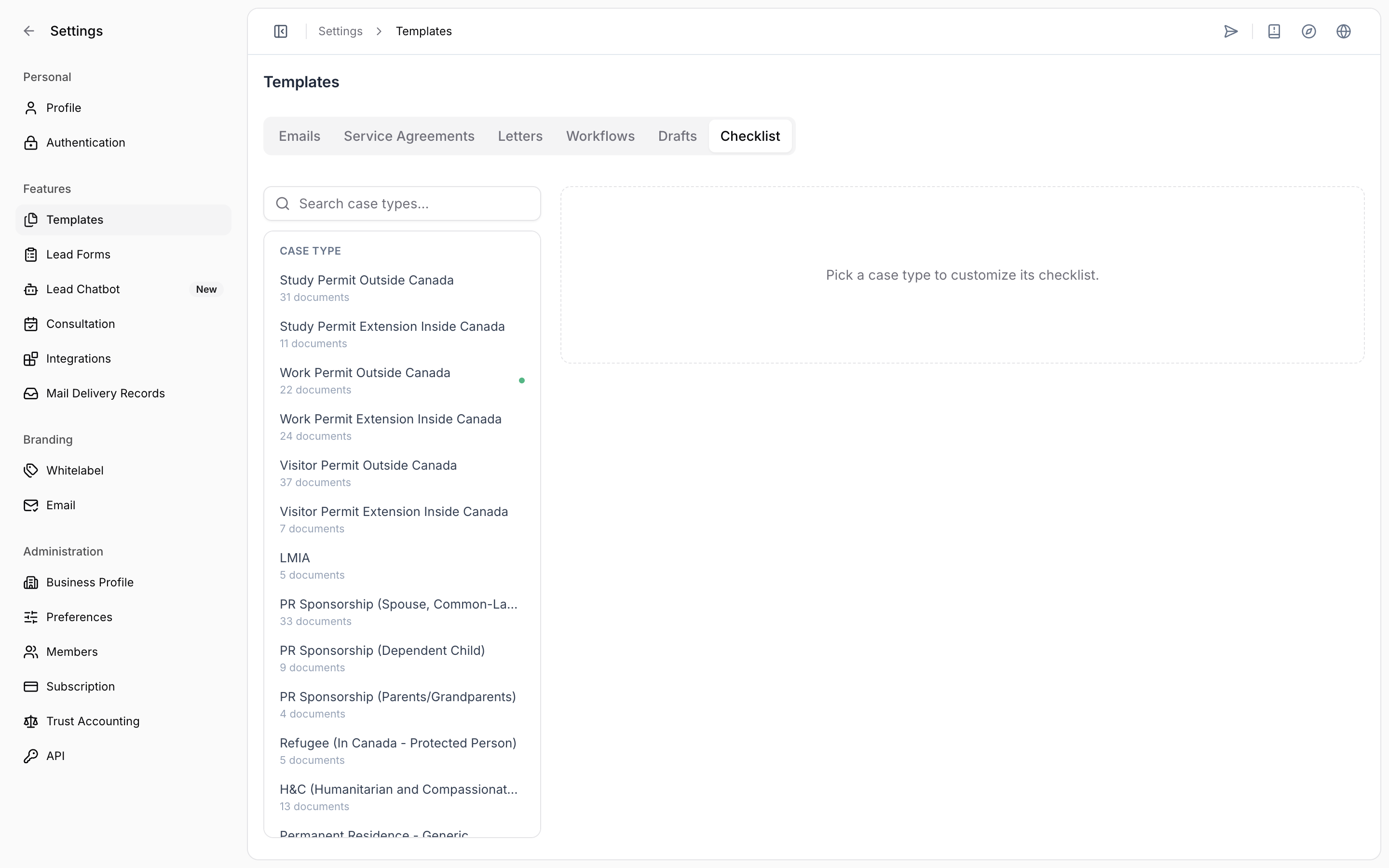 Settings, Templates, Checklist tab showing the case type list