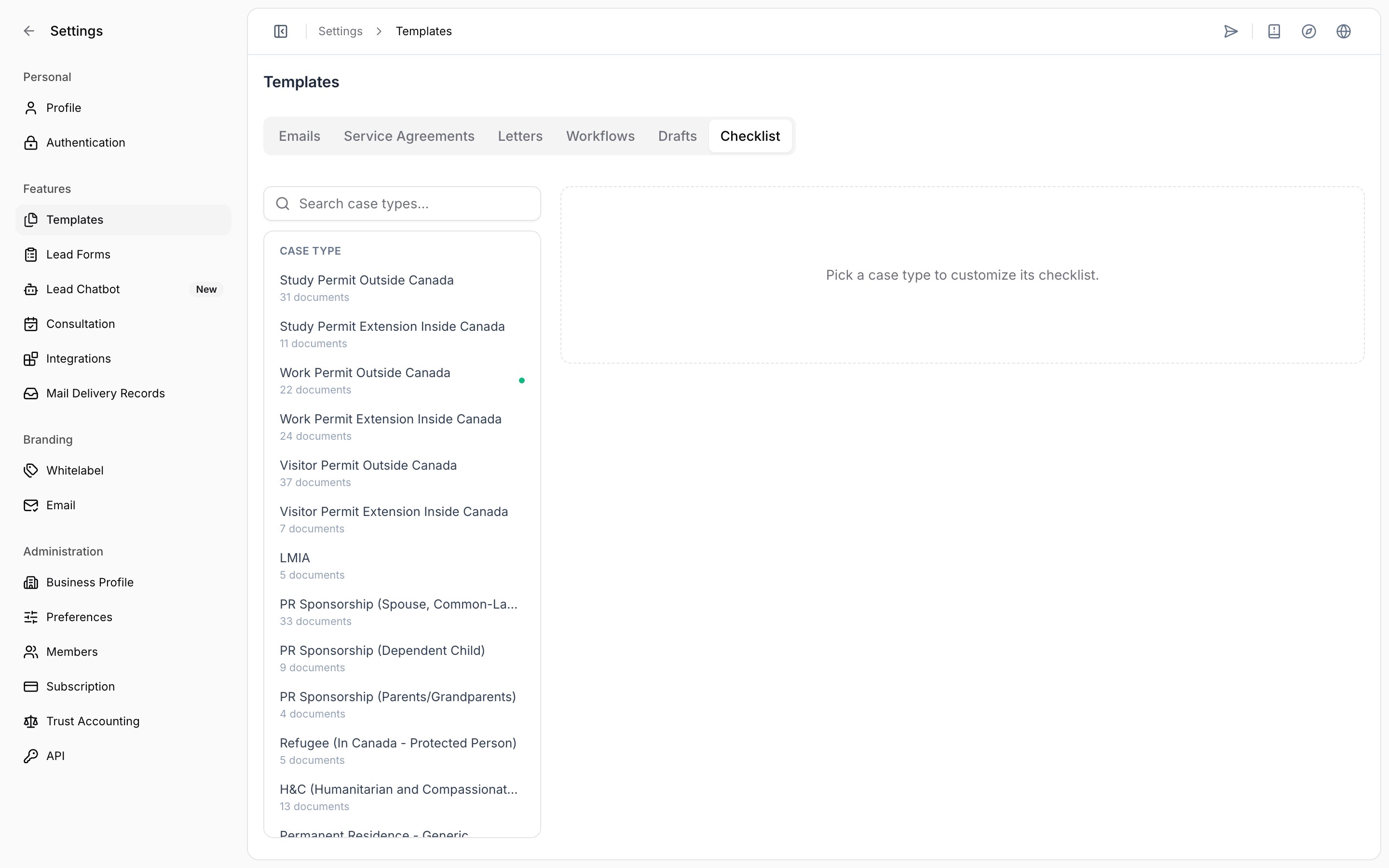 Settings, Templates, Checklist tab showing the case type list