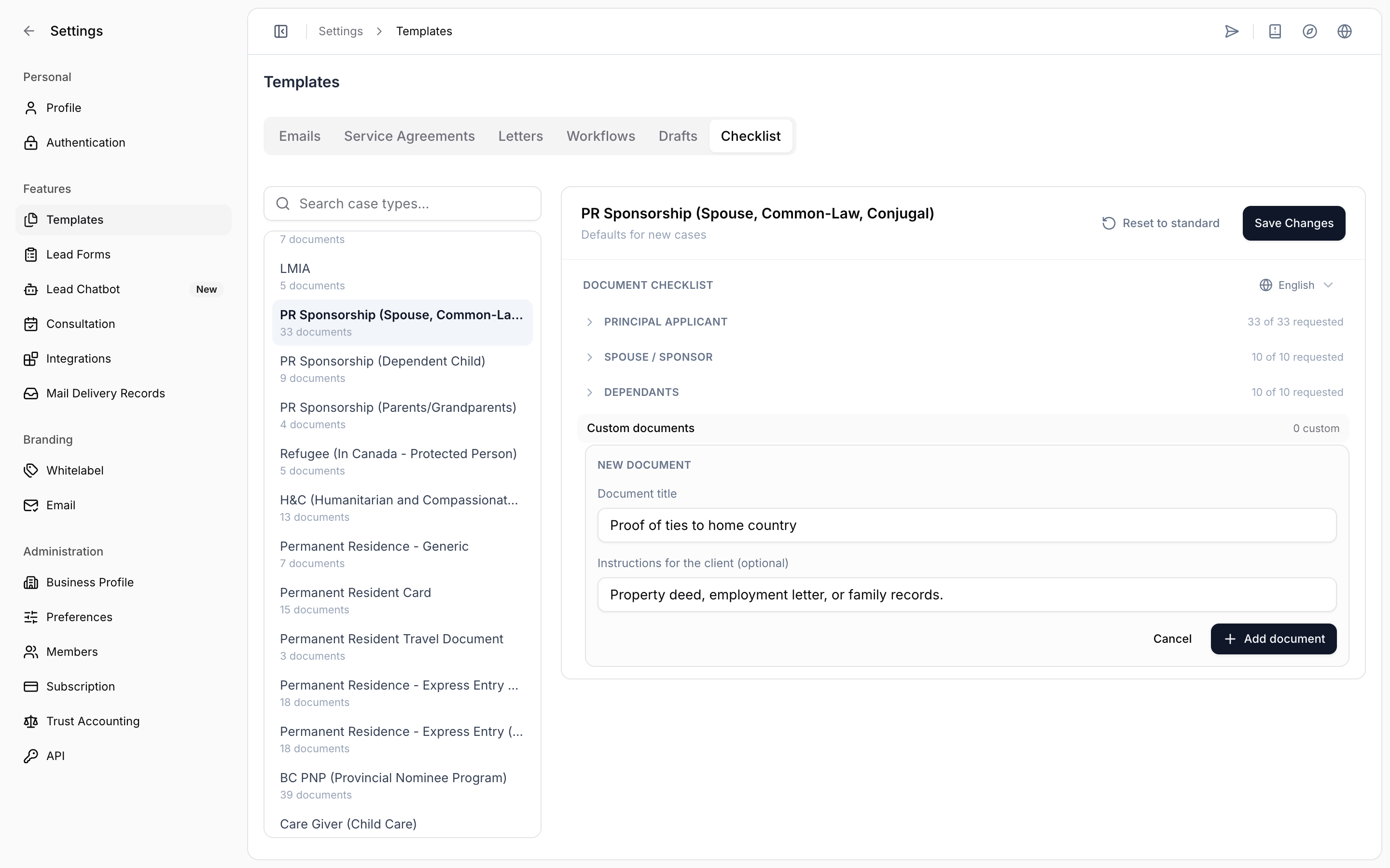 Form for adding a custom document with a title and client instructions