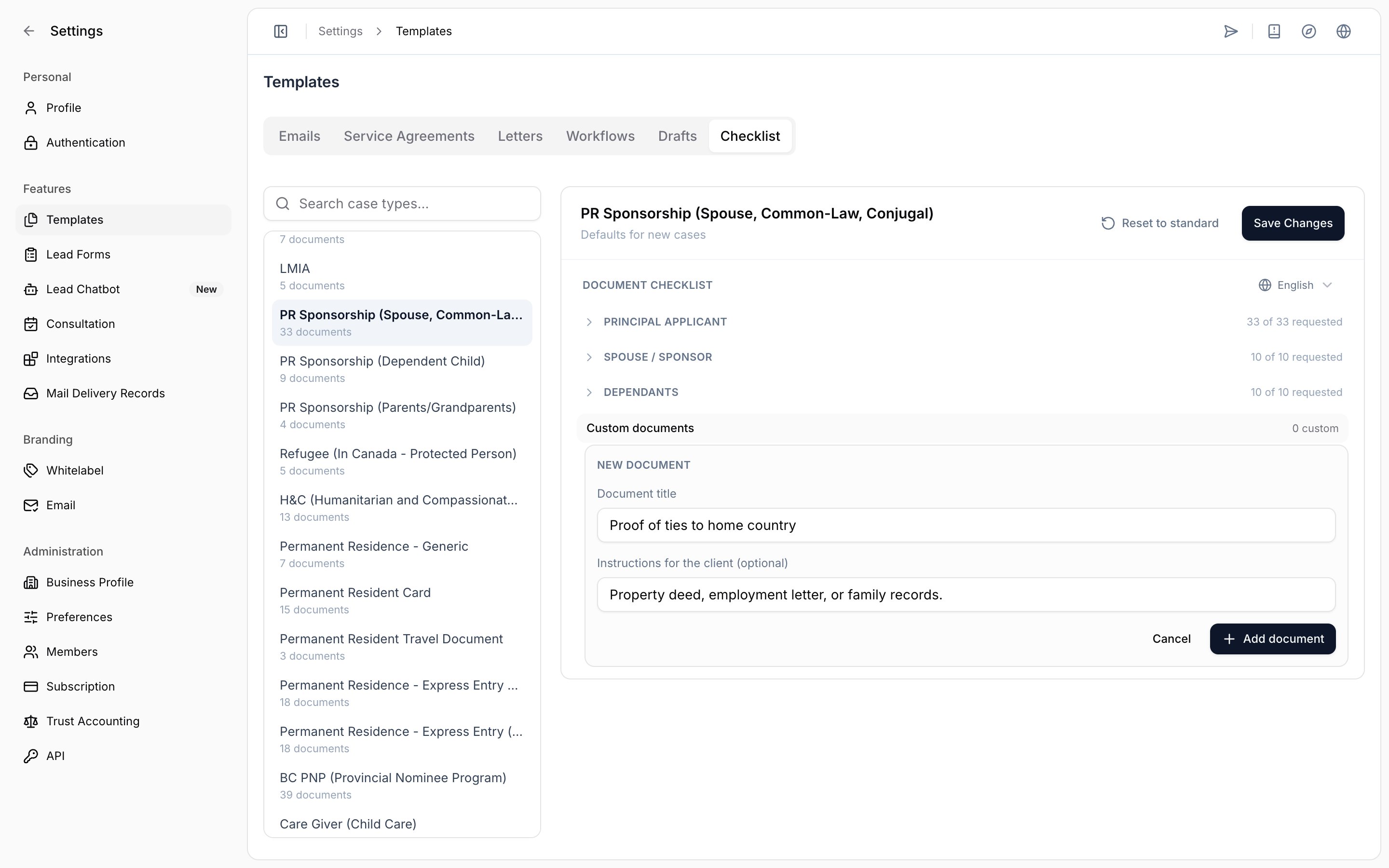 Form for adding a custom document with a title and client instructions
