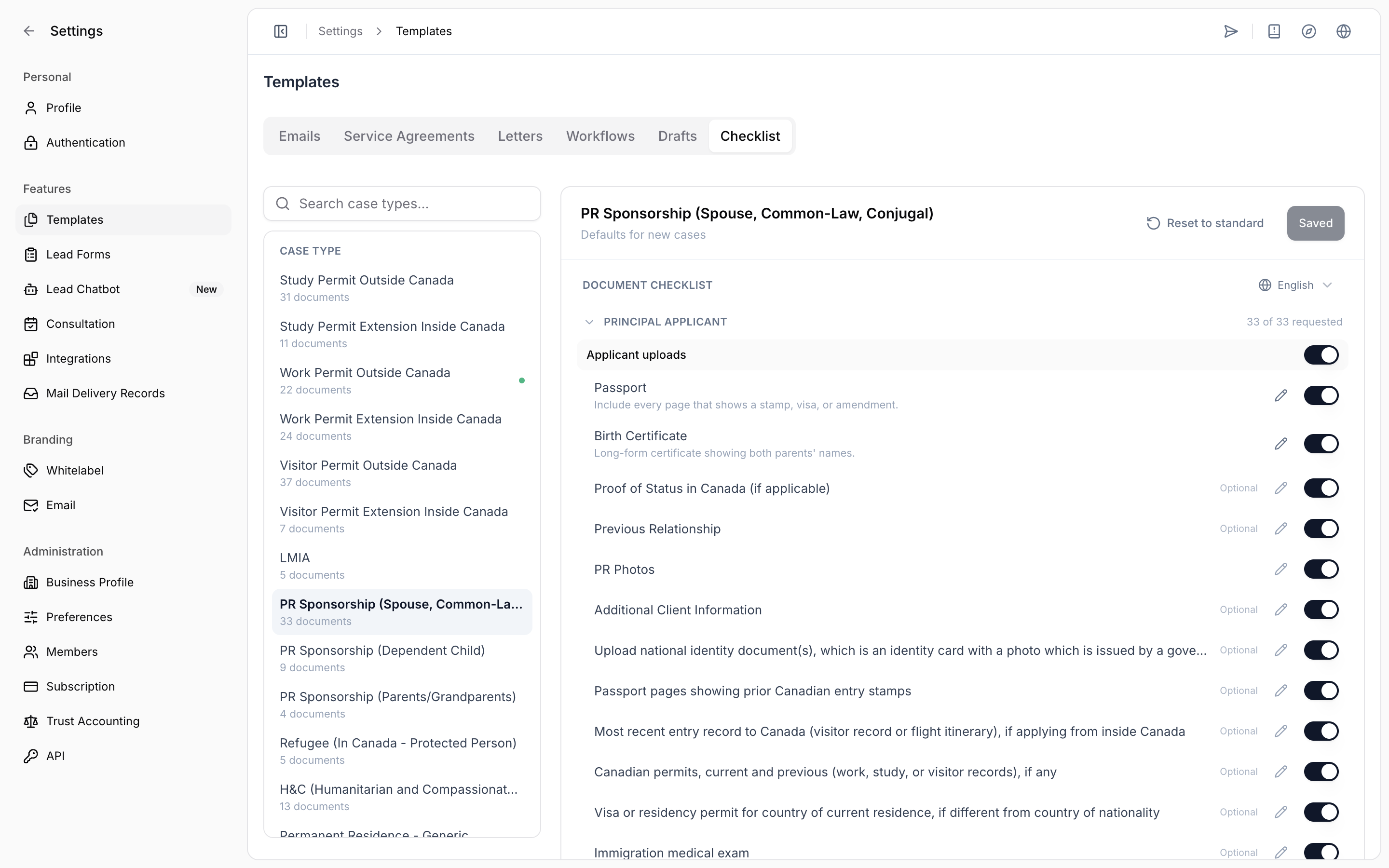 Checklist editor showing member sections, upload groups, and document rows