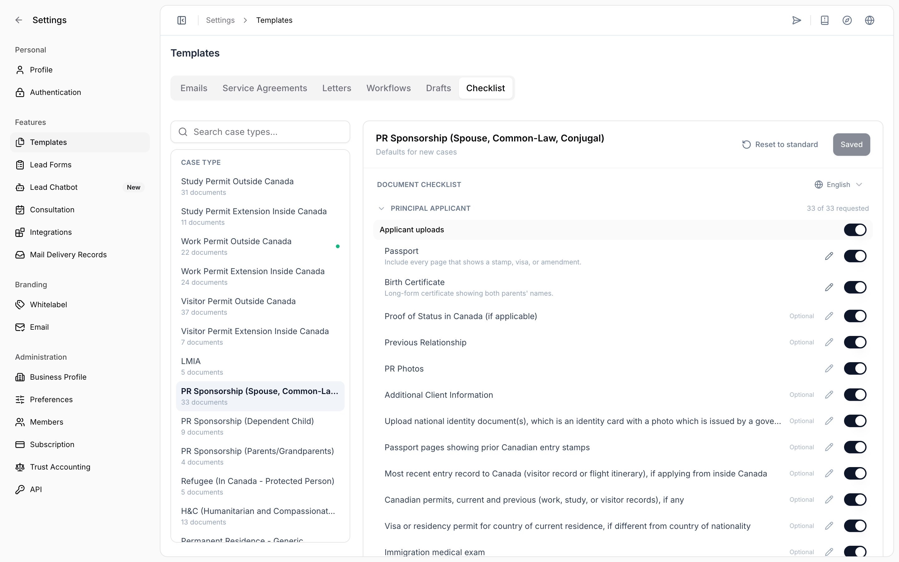 Checklist editor showing member sections, upload groups, and document rows
