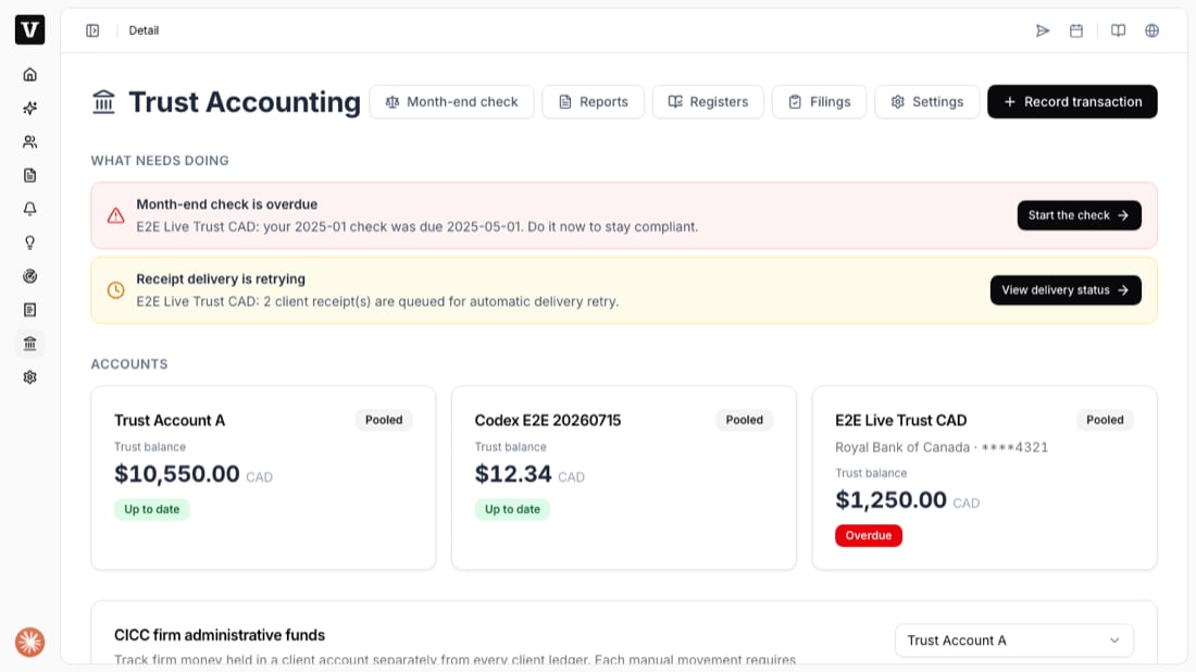 Trust Accounting home showing the What Needs Doing alerts and account cards