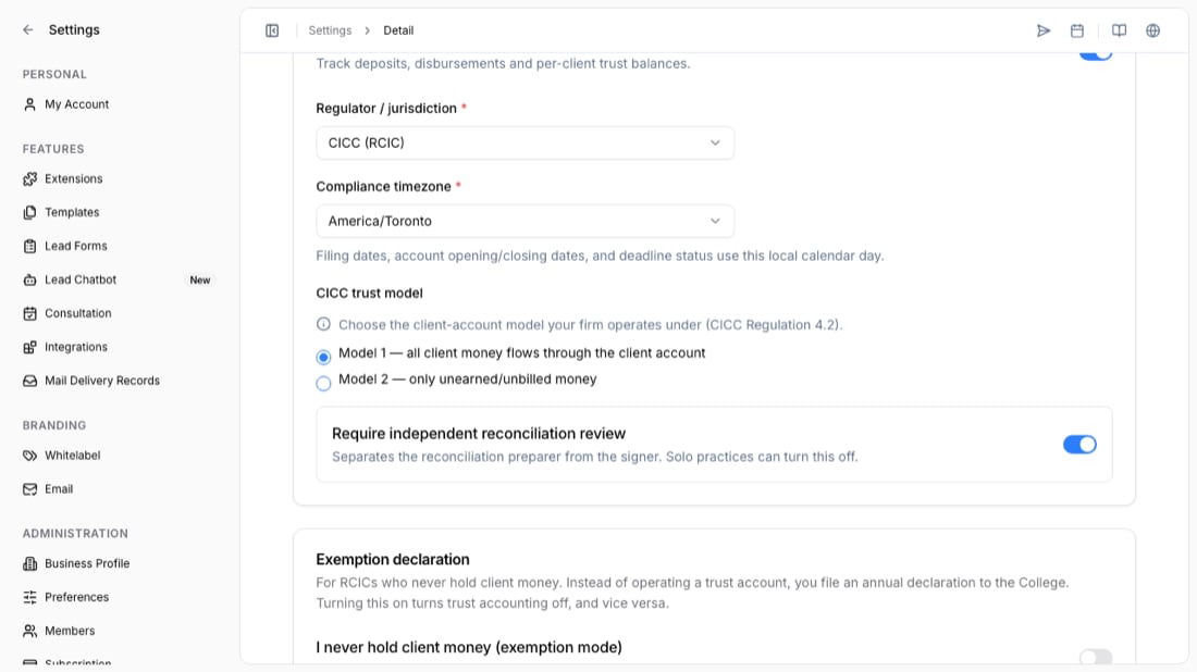 Trust Accounting settings showing regulator, compliance timezone, and CICC trust model