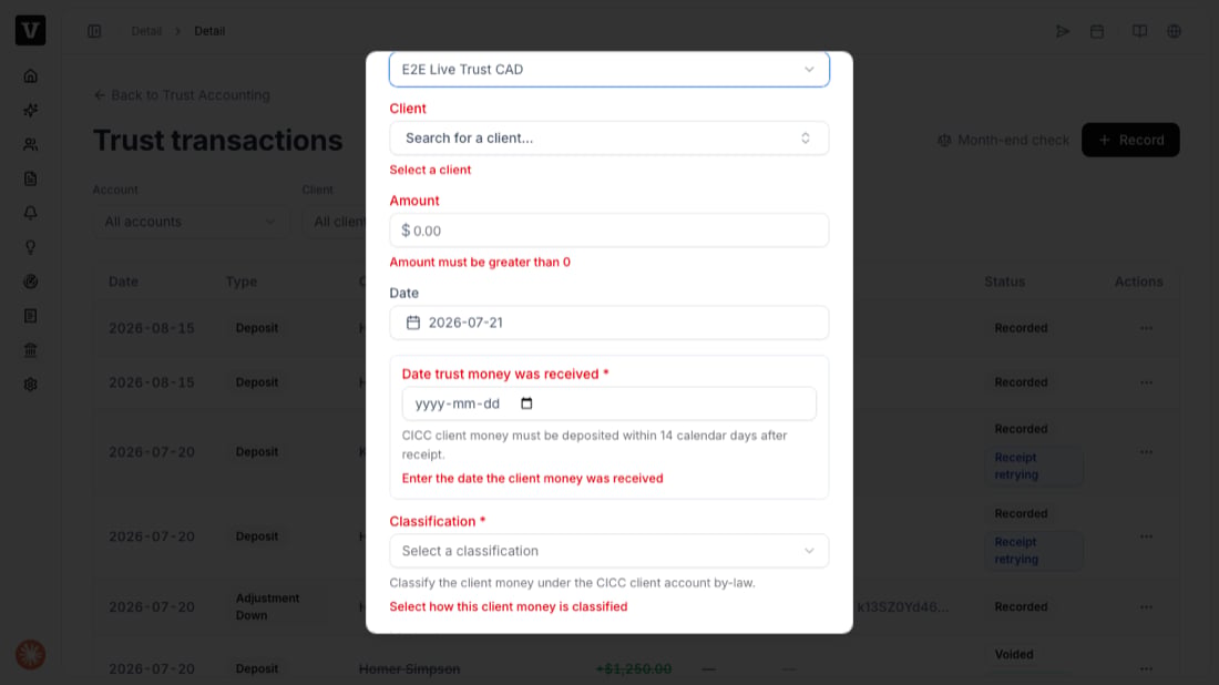 Deposit dialog for a CICC account showing the received-date and classification fields