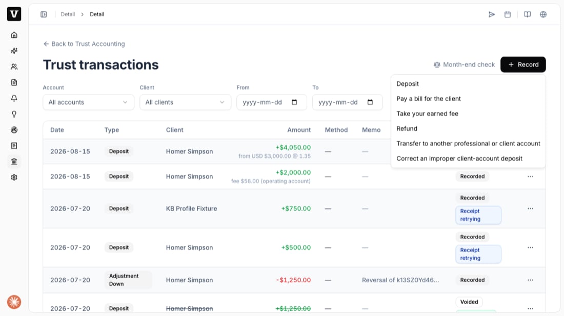 The Record menu with Deposit, Pay a bill, Take your earned fee, Refund, and Transfer